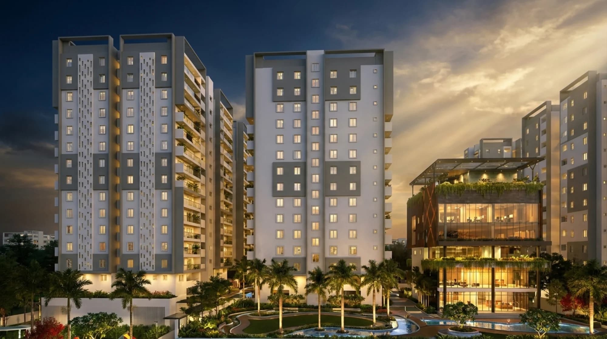 Cinematic 3D render of AR Homes Rise — luxury towers glowing at golden-hour dusk