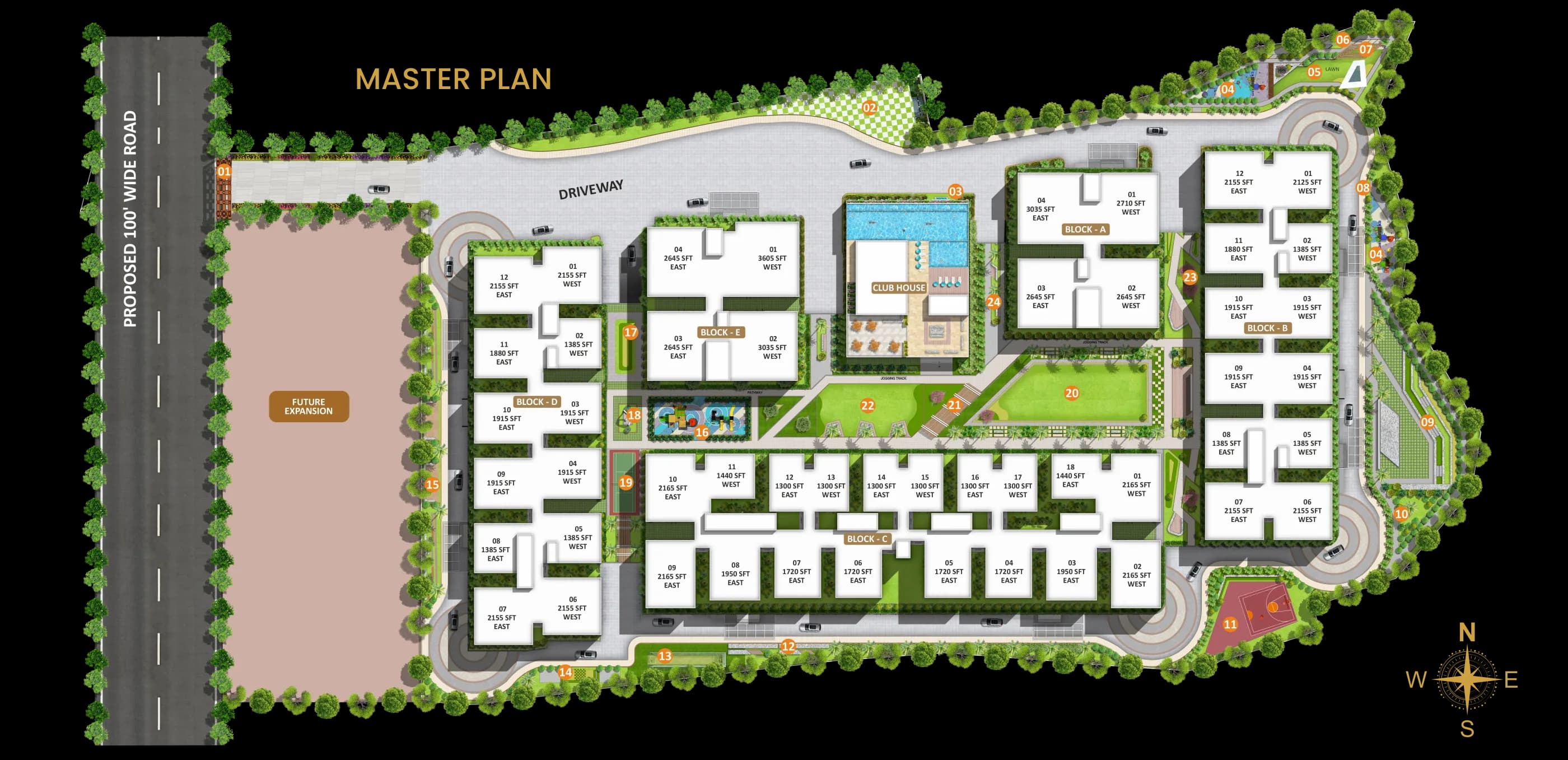 Master plan of AR Homes Rise showing all five blocks, the clubhouse and amenities