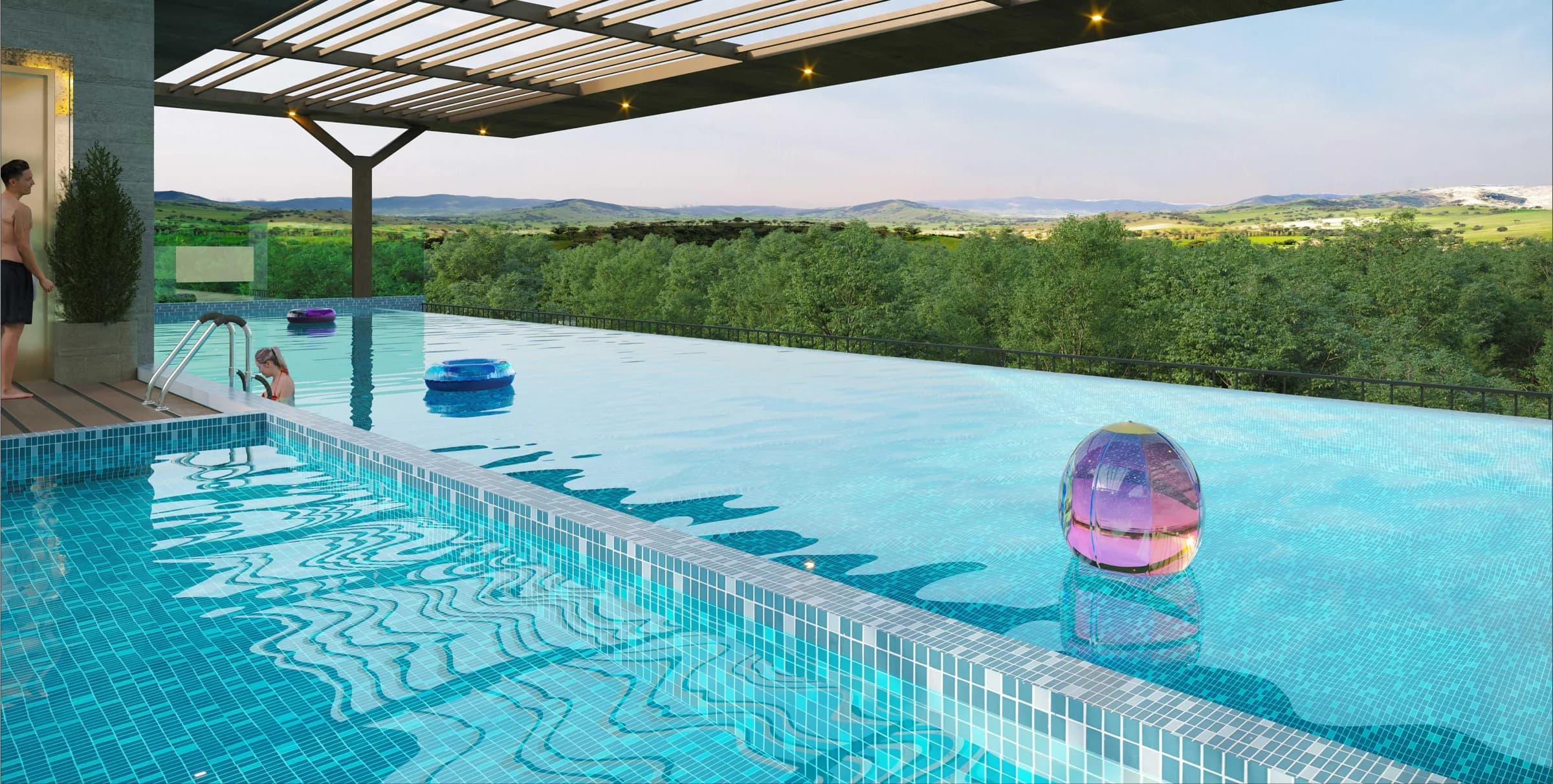 Infinity swimming pool overlooking green surroundings at AR Homes Rise